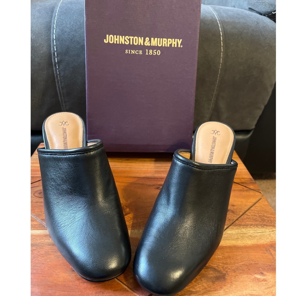 JOHNSTON & MURPHY Womens Black Leather Mules Heeled Slip On Shoes Size 6M NWT